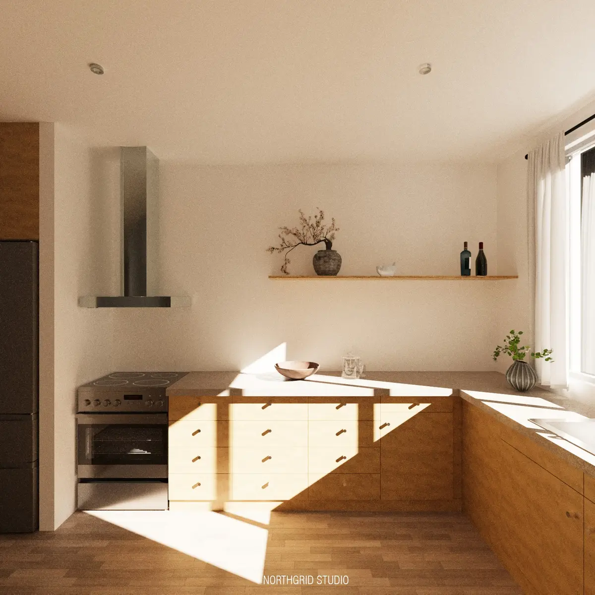 Kitchen with pale surfaces, timber cabinetry, a central island, and strong daylight.